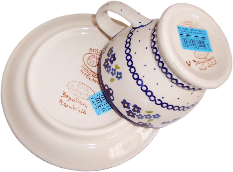 Boleslawiec Polish Pottery UNIKAT Cup and Saucer "Forget Me Not"