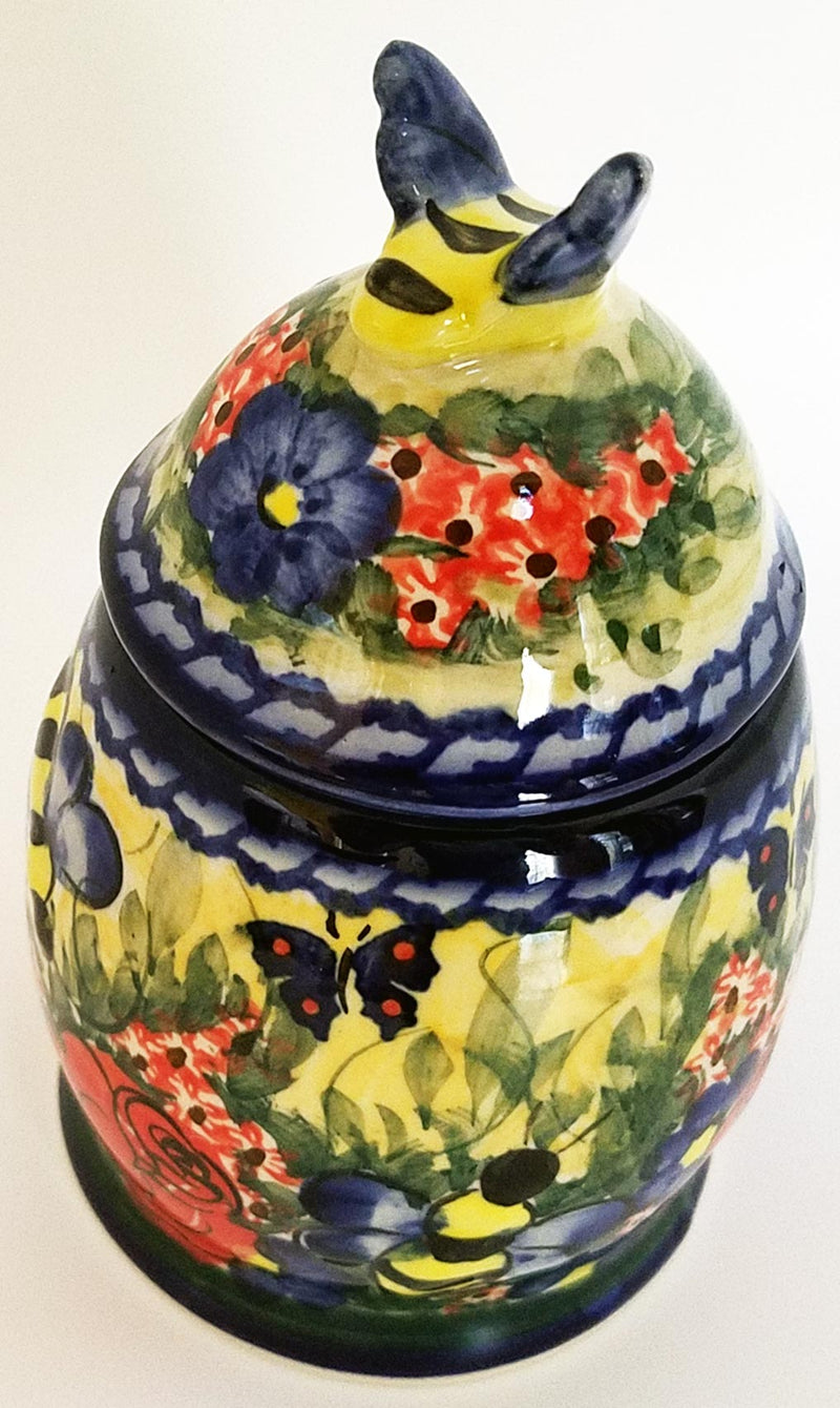 Boleslawiec Polish Pottery UNIKAT Honey Pot or Jam Jar "Wild Roses"