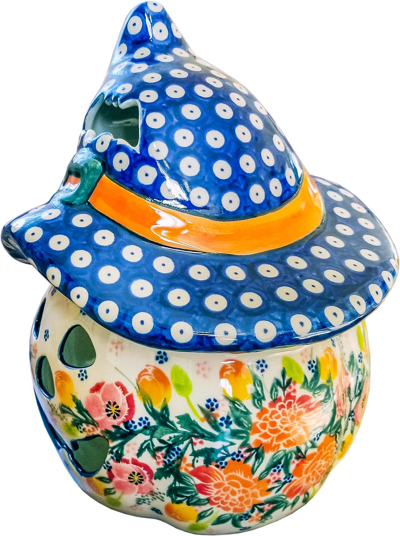 Boleslawiec Polish Pottery Halloween 13.5" Large Pumpkin Jack-O-Lantern Statuette Unikat "Garden Romance"