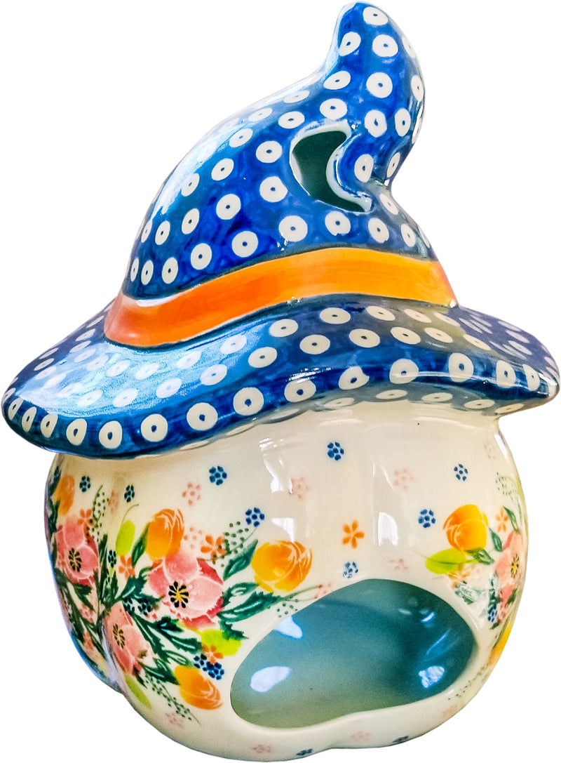 Boleslawiec Polish Pottery Halloween 13.5" Large Pumpkin Jack-O-Lantern Statuette Unikat "Garden Romance"