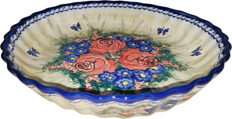 Boleslawiec Polish Pottery UNIKAT Pie Plate or Quiche Baker "Wild Roses"