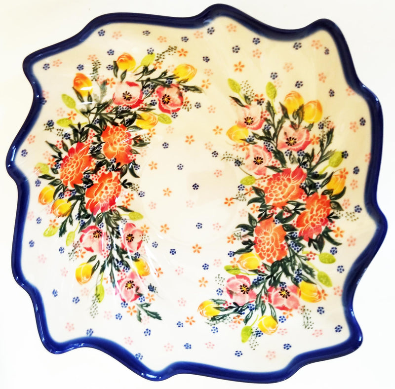 Boleslawiec Polish Pottery UNIKAT Serving Bowl in fancy square shape "Garden Romance"