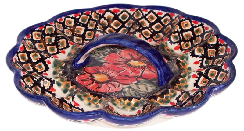 Boleslawiec Polish Pottery UNIKAT Egg Serving Plate "Red Garden"