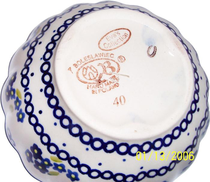 Boleslawiec Polish Pottery UNIKAT Ice Cream Scalloped Bowl "Forget Me Not"