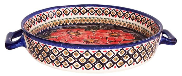 Boleslawiec Polish Pottery UNIKAT Round Baker with Handles "Red Garden"