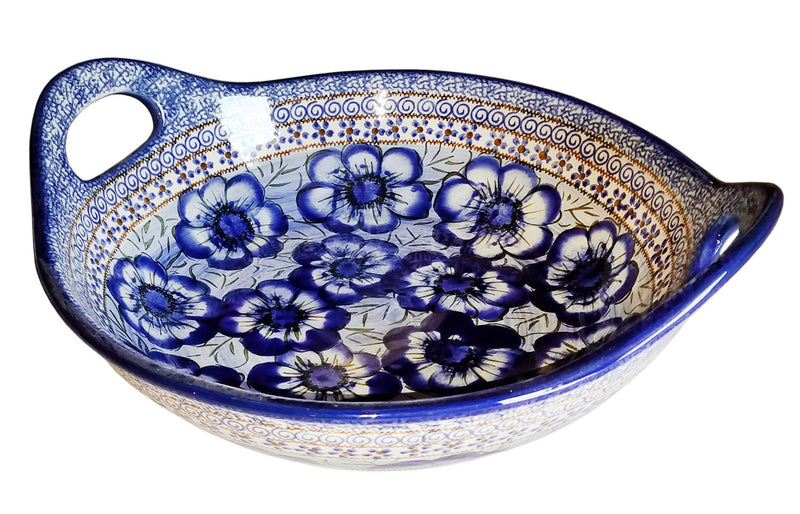 Boleslawiec Polish Pottery UNIKAT Large Serving Bowl with Handles "Blue Garden"