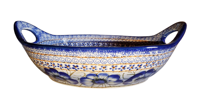 Boleslawiec Polish Pottery UNIKAT Large Serving Bowl with Handles "Blue Garden"
