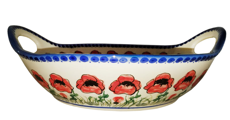 Boleslawiec Polish Pottery UNIKAT Large Serving Bowl with Handles "Poppy Field"