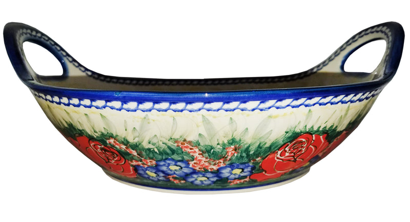 Boleslawiec Polish Pottery UNIKAT Large Serving Bowl with Handles "Wild Roses"