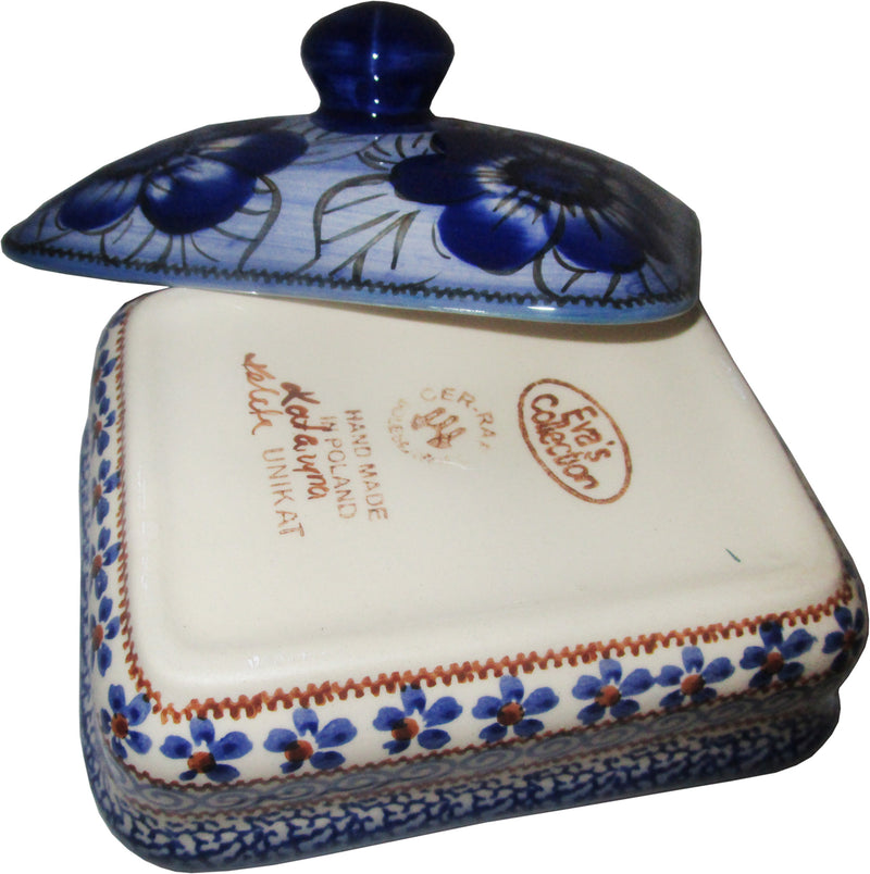Boleslawiec Polish Pottery UNIKAT Butter Dish, Serving or Storage Box "Blue Garden"