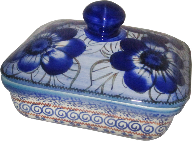 Boleslawiec Polish Pottery UNIKAT Butter Dish, Serving or Storage Box "Blue Garden"