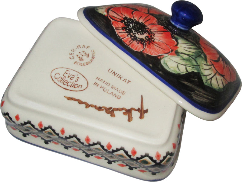 Boleslawiec Polish Pottery UNIKAT Butter Dish, Serving or Storage Box "Red Garden"