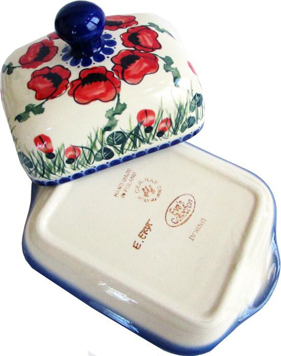 Boleslawiec Polish Pottery UNIKAT Butter or Cheese Dish "Poppy Field"
