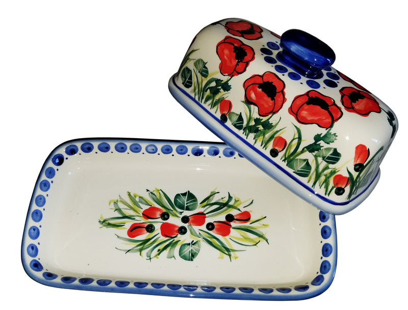 Boleslawiec Polish Pottery UNIKAT One Stick Butter Dish American Style "Poppy Field"