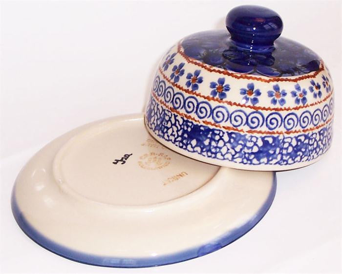 Boleslawiec Polish Pottery UNIKAT Covered Cheese or Butter Dish "Blue Garden"