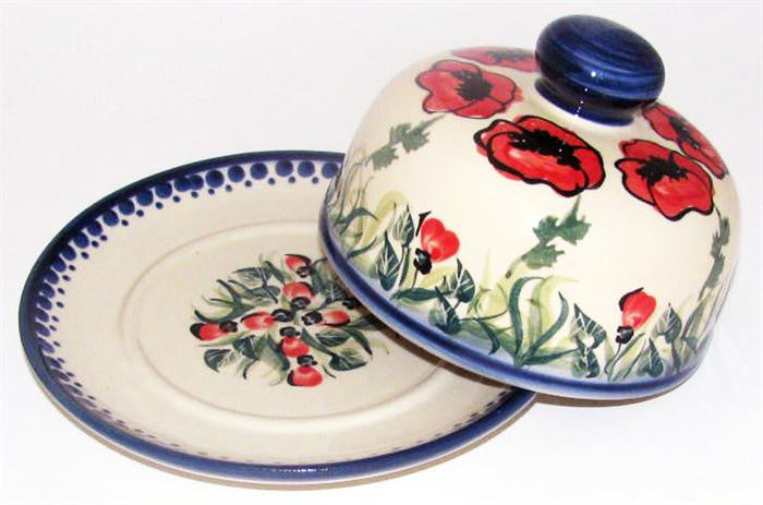 Boleslawiec Polish Pottery UNIKAT Covered Cheese or Butter Dish "Poppy Field"