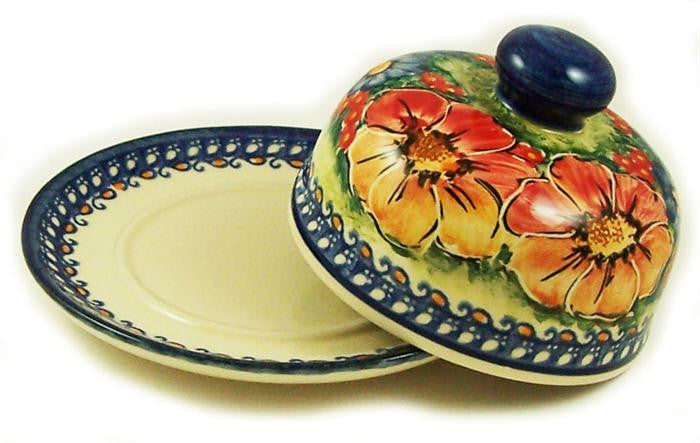 Boleslawiec Polish Pottery UNIKAT Covered Cheese or Butter Dish "Flower Field"
