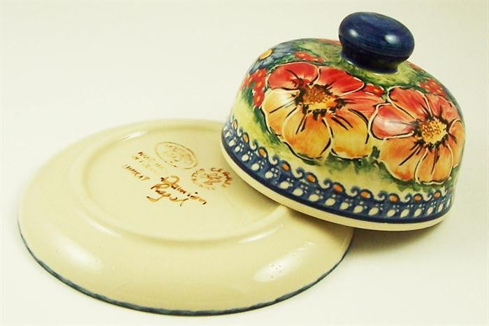 Boleslawiec Polish Pottery UNIKAT Covered Cheese or Butter Dish "Flower Field"