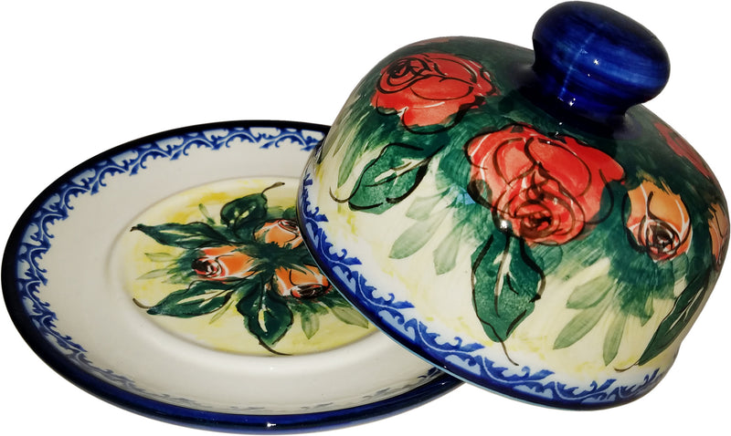 Boleslawiec Polish Pottery UNIKAT Covered Butter or Cheese Dish "Rose Garden"