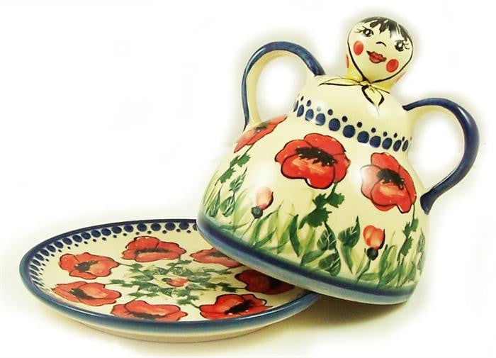 Boleslawiec Polish Pottery UNIKAT Cheese Lady Butter Dish Garlic Baker "Poppy Field"