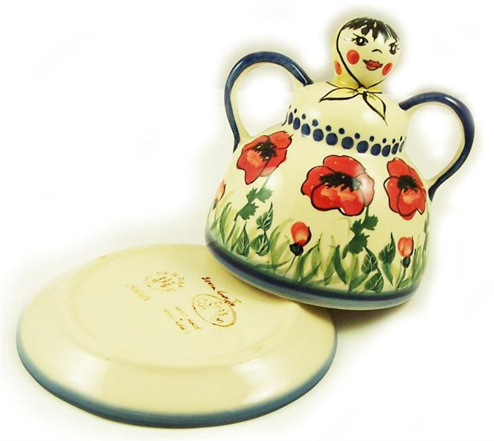 Boleslawiec Polish Pottery UNIKAT Cheese Lady Butter Dish Garlic Baker "Poppy Field"