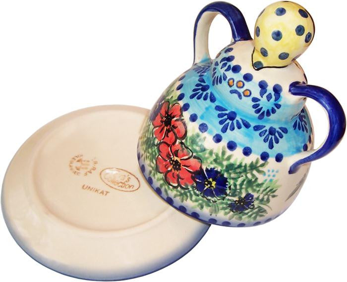 Boleslawiec Polish Pottery UNIKAT Cheese Lady Butter Dish Garlic Baker "Veronica"