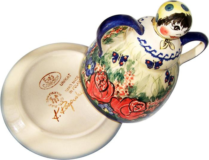 Boleslawiec Polish Pottery UNIKAT Cheese Lady Butter Dish Garlic Baker "Wild Roses"