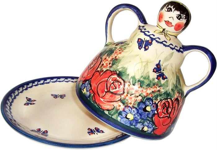 Boleslawiec Polish Pottery UNIKAT Cheese Lady Butter Dish Garlic Baker "Wild Roses"