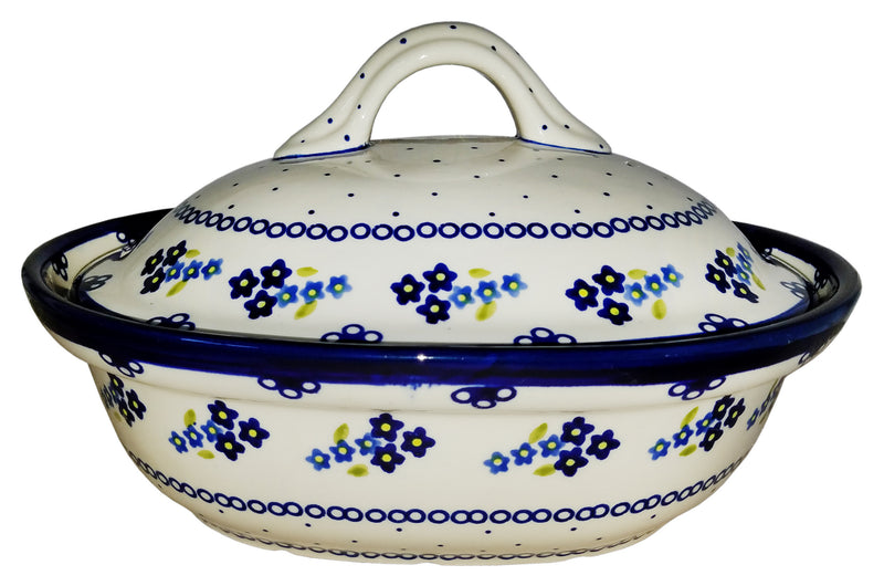 Boleslawiec Polish Pottery UNIKAT Oval Baker with Cover "Forget Me Not"