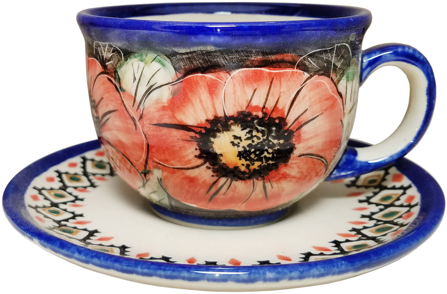 Boleslawiec Polish Pottery UNIKAT Cup and Saucer "Red Garden" Home of