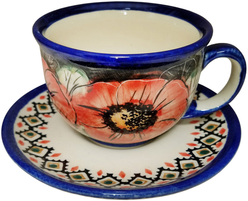 Boleslawiec Polish Pottery UNIKAT Cup and Saucer "Red Garden"