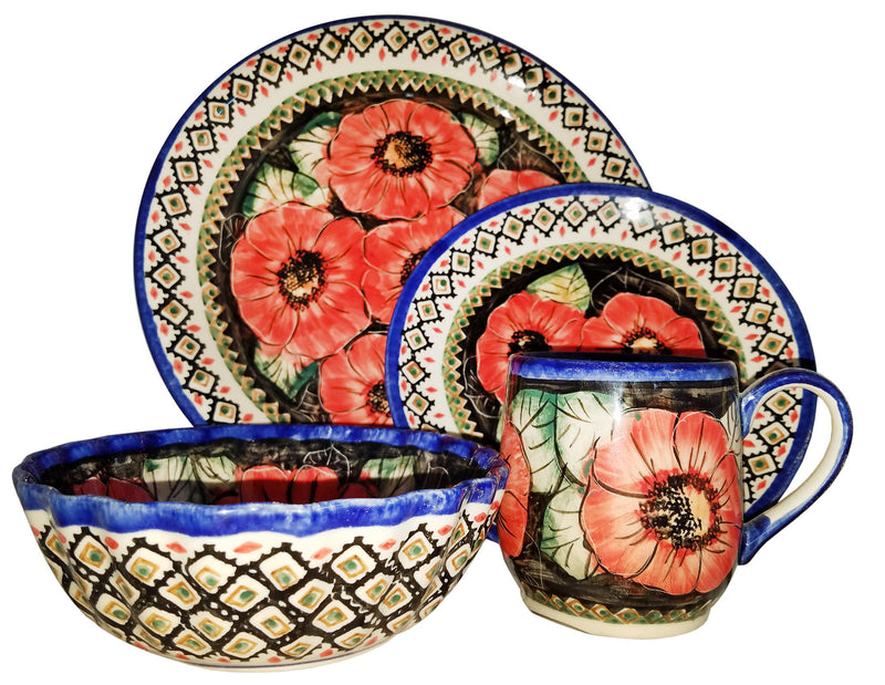 Boleslawiec Polish Pottery UNIKAT 4 Pcs Place Setting "Red Garden"