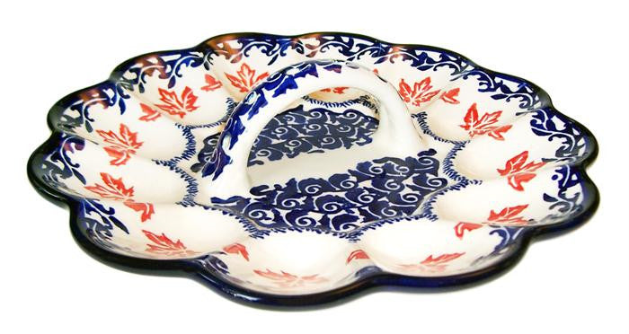 Boleslawiec Polish Pottery UNIKAT Egg Plate "Maple Leaf"