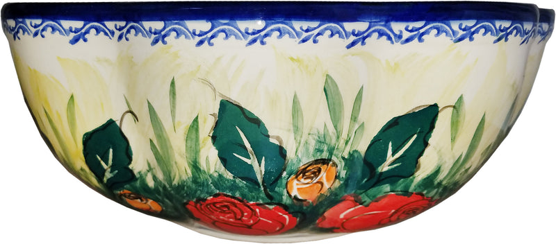 Boleslawiec Stoneware Polish Pottery UNIKAT XLarge Scalloped Bowl "Rose Garden"