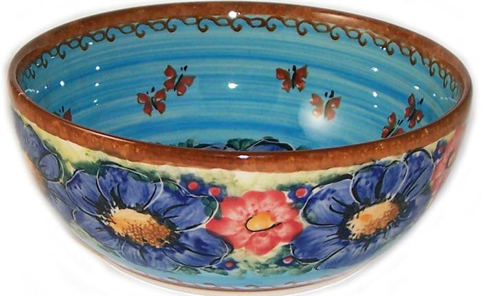 Boleslawiec Polish Pottery UNIKAT Pasta or Soup Serving Bowl "Blue Sky Meadow"