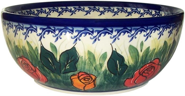 Boleslawiec Polish Pottery UNIKAT Pasta or Soup Serving Bowl "Rose Garden"