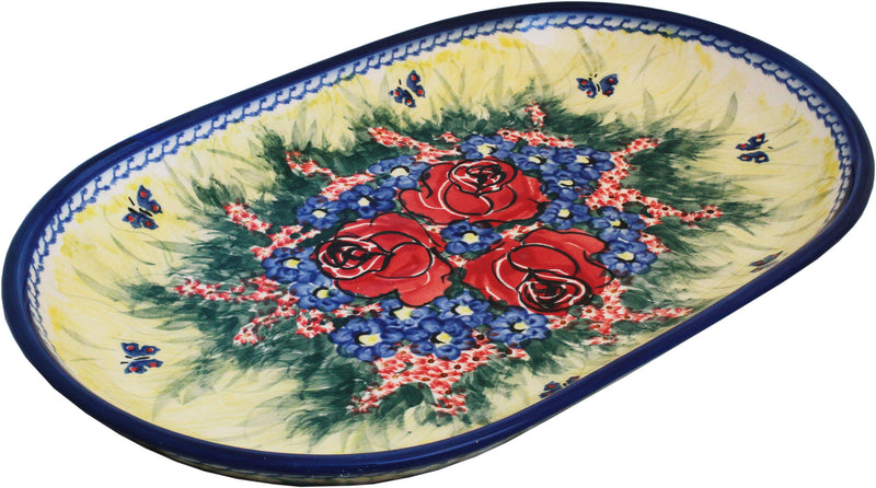 Boleslawiec Polish Pottery UNIKAT 11" long Serving Platter "Wild Roses"