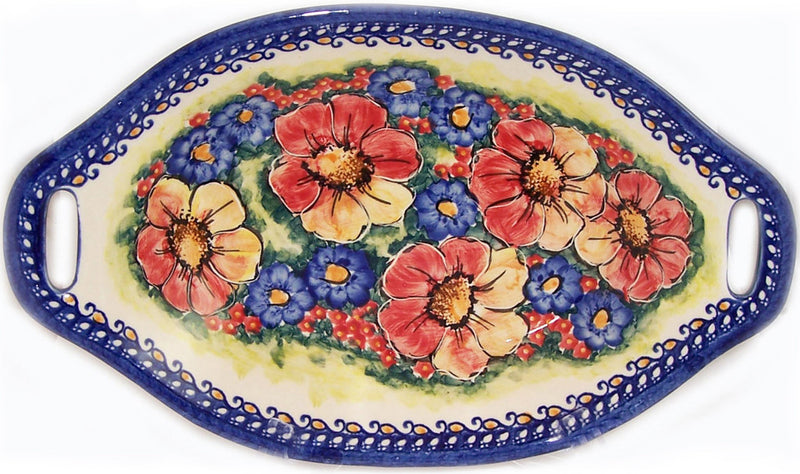 Boleslawiec Polish Pottery UNIKAT Serving or Baking Dish with Handles "Flower Field"