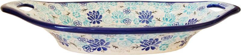 Boleslawiec Polish Pottery UNIKAT Serving or Baking Dish with Handles "Lotus Symphony""