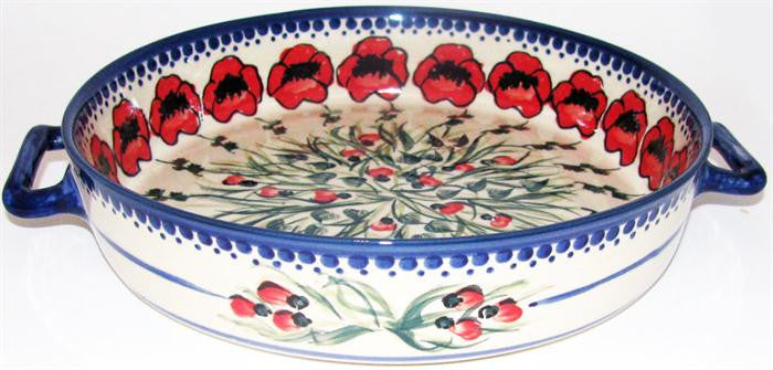 Boleslawiec Polish Pottery UNIKAT Round Baker with Handles "Poppy Field"