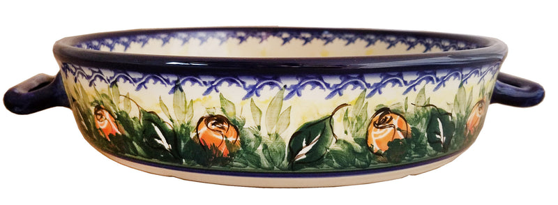 Boleslawiec Polish Pottery UNIKAT Round Baker with Handles "Rose Garden"