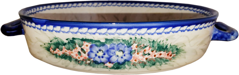 Boleslawiec Polish Pottery UNIKAT Round Baker with Handles "Wild Roses"