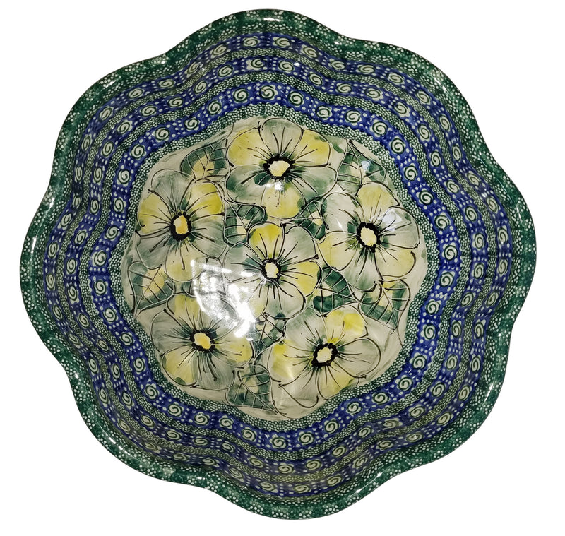 Boleslawiec Polish Pottery UNIKAT Large Scalloped Bowl "Green Garden"