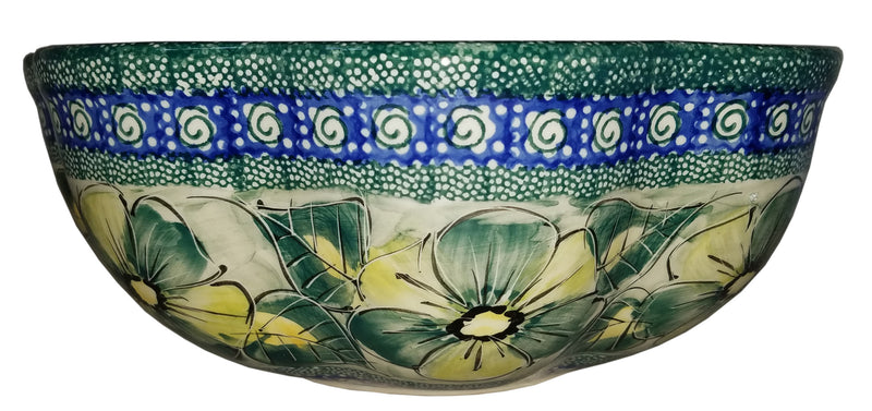 Boleslawiec Stoneware Polish Pottery UNIKAT XLarge Scalloped Bowl "Green Garden"