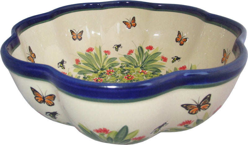 Boleslawiec Stoneware Polish Pottery UNIKAT XLarge Scalloped Bowl "Spring"