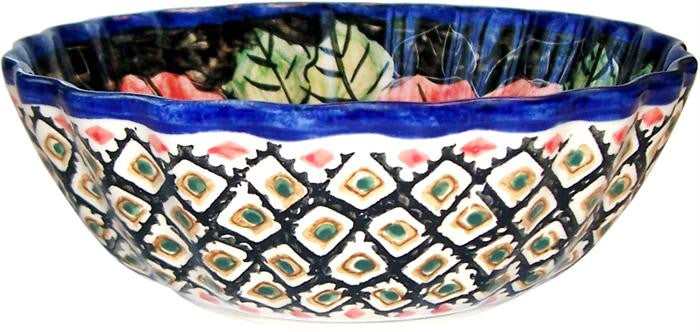 Boleslawiec Polish Pottery UNIKAT Ice Cream Scalloped Bowl "Red Garden"