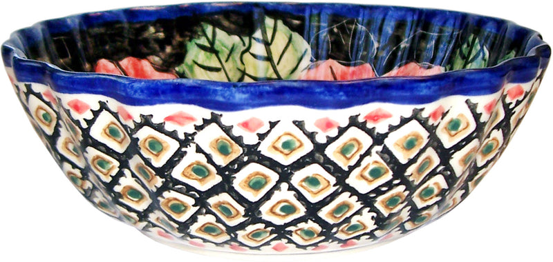 Boleslawiec Polish Pottery UNIKAT Medium Scalloped Bowl "Red Garden"