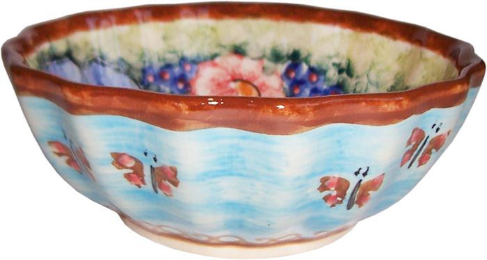 Boleslawiec Polish Pottery UNIKAT Ice Cream Scalloped Bowl "Blue Sky Meadow"