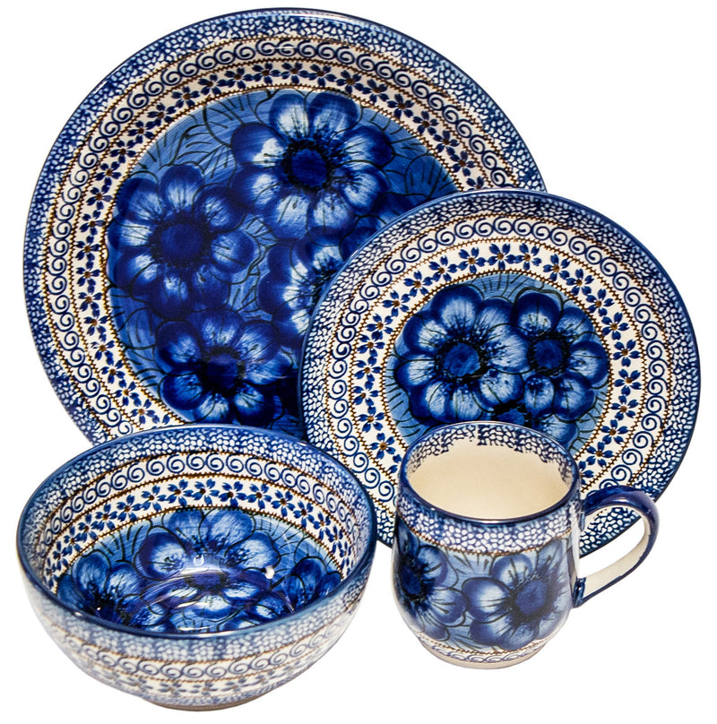Boleslawiec Polish Pottery UNIKAT Dinnerware 4 Pcs Place Setting "Blue Garden"