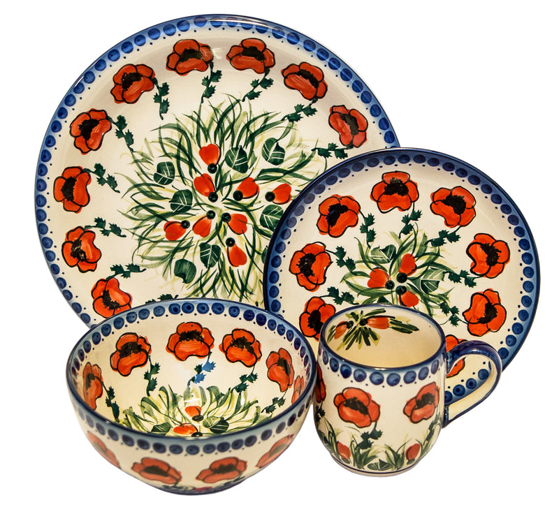 Boleslawiec Polish Pottery UNIKAT Dinnerware 4 Pcs Place Setting "Poppy Field"